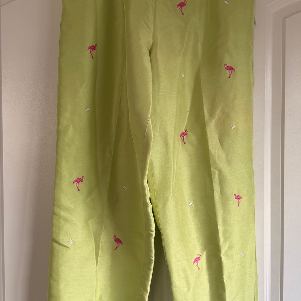Vintage Lime Green Pants with Pink Flamingo Embroidery